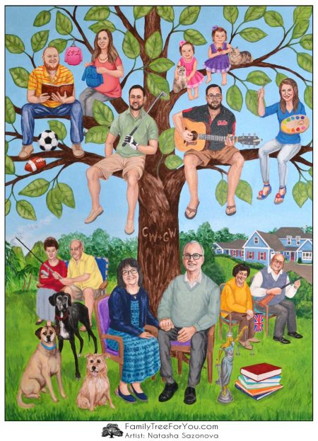 Humorous custom family tree painting for a couple's 60th wedding anniversary