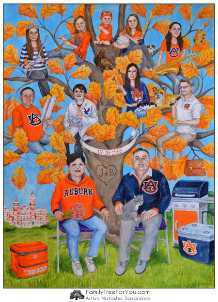 Custom family tree painted for a family of college sports fans.