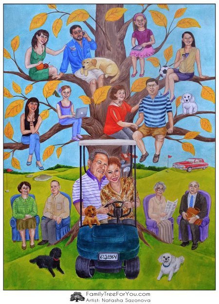 Creative one of a kind family tree painting custom painted for a couple who loves golf