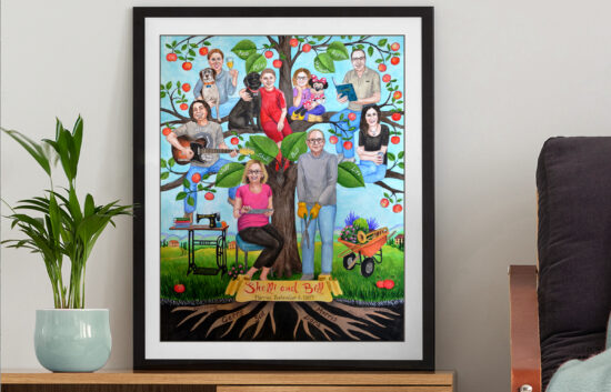 Family portrait created as a fun family tree with all family members sitting on tree branches.