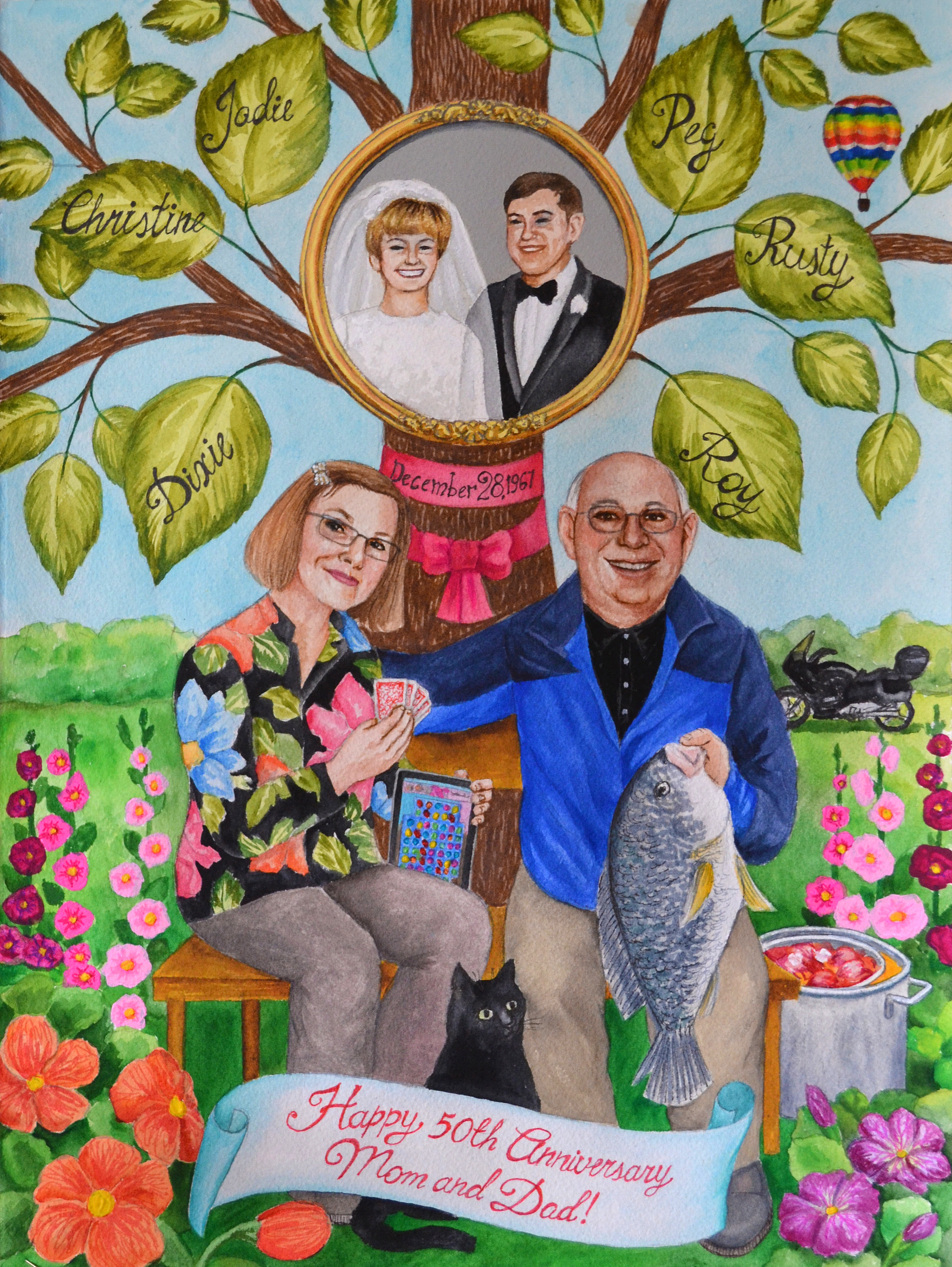 Custom painted family tree art for parents' 50 yr anniversary