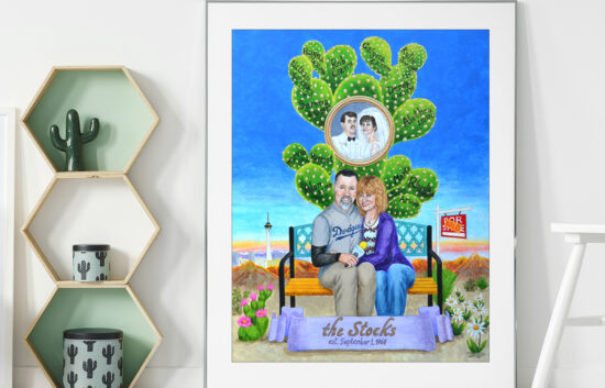 Creative family tree painting with the family tree represented as a cactus to symbolize the couple's hometown of Las Vegas.