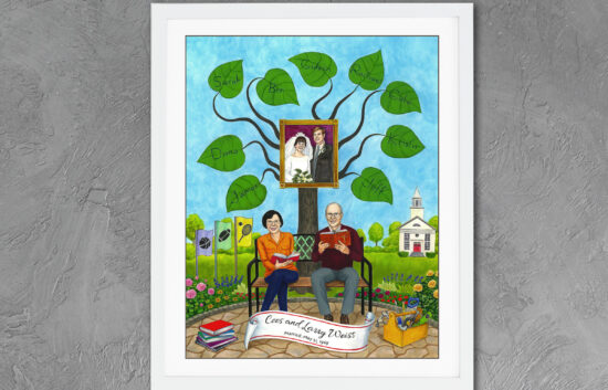 Watercolor hand-painted family tree art featuring a family tree, custom banner with the family's last name and a custom couple portrait.