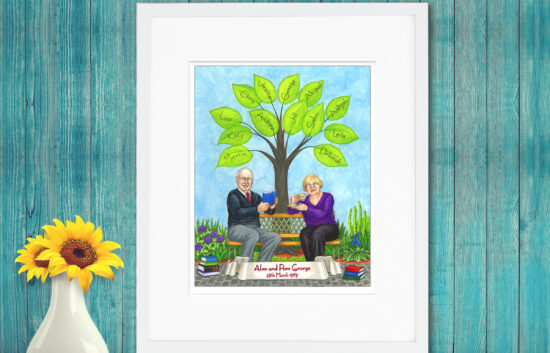 Miniature family tree painting featuring a couple in front of their own family tree.