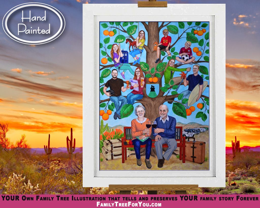 Humorous family portrait art featuring a family tree