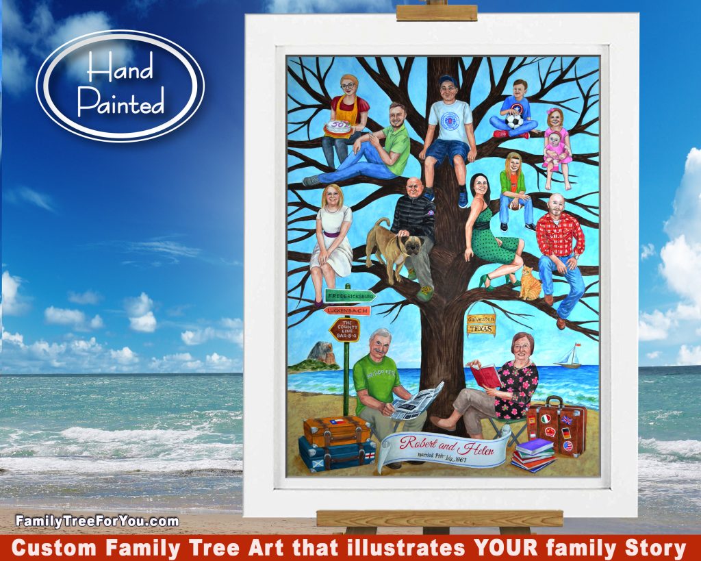 Custom family portrait illustration personalized with fun details about the family members
