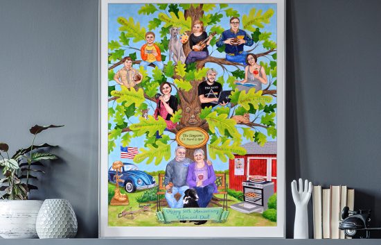 custom family tree with names and portraits