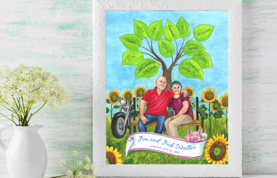 Personalized family tree gift for parents that reflects their hobbies.