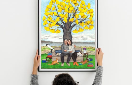 Custom couple portrait with pets. Painted as a wedding anniversary gift for husband.