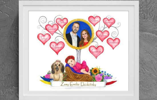 Charming hand-painted family tree created for a baby girl. The girl is depicted at the base of the tree with her parents' portrait hanging on the tree trunk.