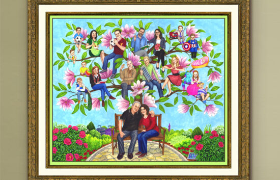 Custom Family Tree painting featuring a big family with all family members seated on the tree branches.