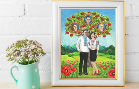 Personalized hand-painted family tree featuring a Ukrainian couple and their three children.