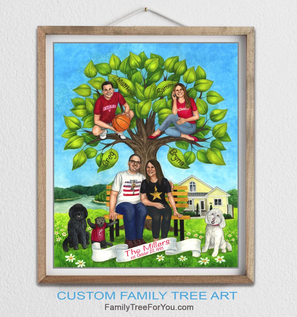 Custom Family portrait illustration with their house and pets