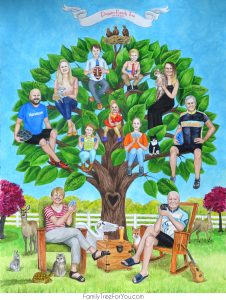 Family tree painting with portraits of the family with their pets