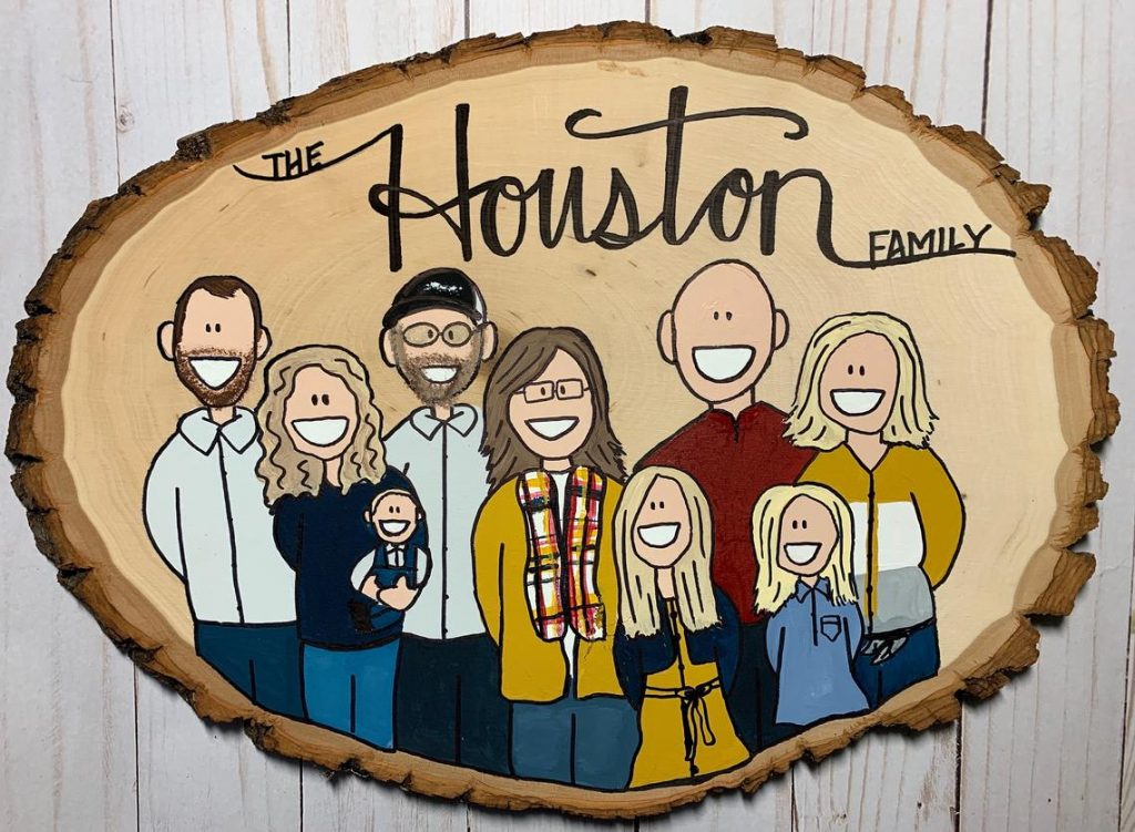 Custom family illustration on wood slice