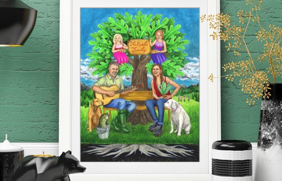 Creative family portrait with pets