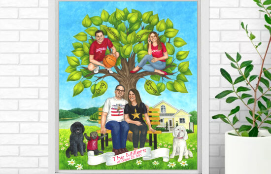 Personalized Family tree painting created for a couple's 25th wedding anniversary. The painting features a couple seated at the base of their own family tree with their two children painted perched on tree branches
