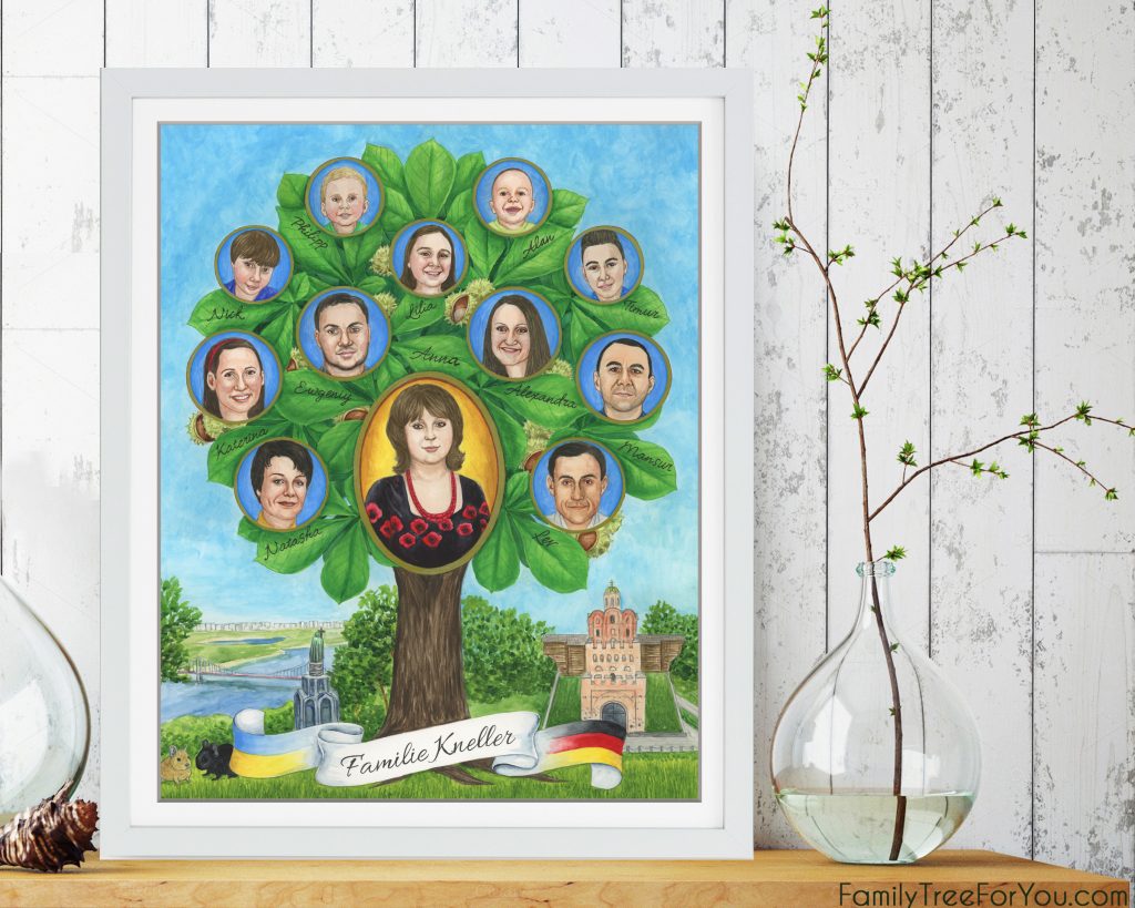 Hand-painted family tree with family portraits