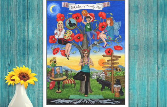 A Vibrant Ukrainian Heritage Family Tree Painting painted with portraits of the whole family