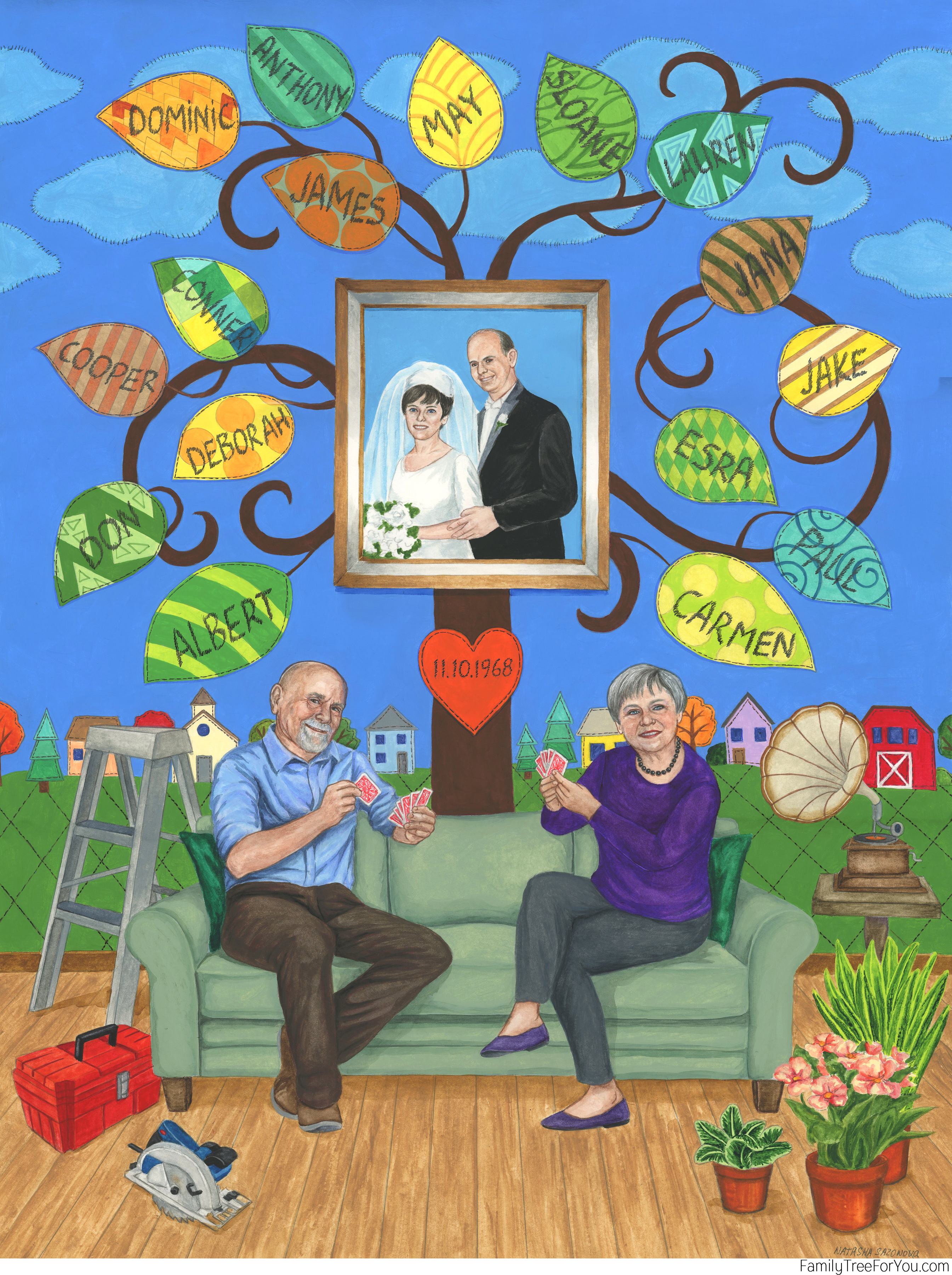 Hand-painted family tree art with couple portrait