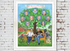Custom couple illustration with their own family tree in the background.