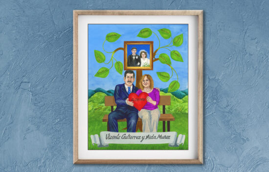 Miniature family tree painting depicting a couple holding a heart with their wedding date in front of their own family tree.