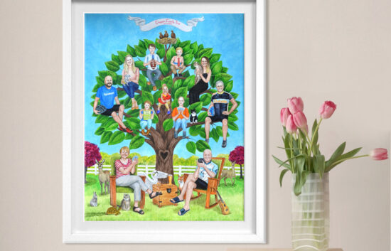Custom-painted family tree illustration featuring everyone in the family seating on family tree branches.