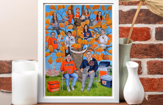 Hand-painted family tree personalized for a family of Auburn University fans. The parents are painted seating in folding chairs in front of their own family tree with their children and grandchildren depicted sitting on the tree branches. Everyone in the family is dressed in Auburn Tigers apparel.
