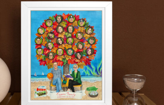 Custom-painted family tree art with family members' portraits creatively placed within colorful autumn leaves, with everyone's names labeled beneath each portrait. The couple celebrating their 50th wedding anniversary is depicted seated on a bench below the tree. Several items that symbolize the couple's hobbies are arranged around them. The bright blue ocean in the background features sailing boats and Aurora Borealis. The family name is prominently displayed on a banner along with the couple's wedding date.