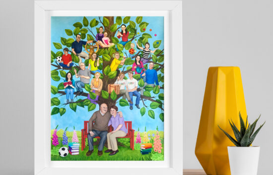 Personalized family tree art hand-painted for a German couple's 60th wedding anniversary.