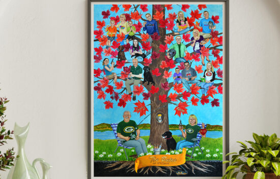 Whimsical hand-painted family tree for a couple who are Green Bay packers fans.