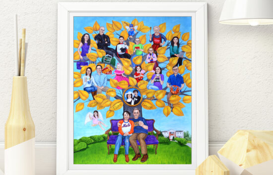70th birthday family tree gift for mom. The painting features her sitting next to her husband under their own family tree.
