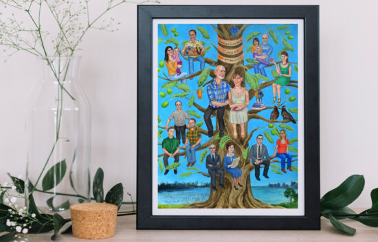 Family tree painting commissioned by a daughter for her Israeli parents in London, honors their 40th anniversary with deep reverence for their Jewish heritage. The couple sits at the base of their family tree, surrounded by portraits of their children and grandchildren on the branches, each name lovingly inscribed on leaves. Crowning the tree is a striking blue Passover seder plate, its six compartments representing the sacred foods of the Passover meal, a powerful nod to the couple’s faith and traditions.