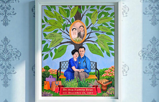 Watercolor Filipino heritage family tree painted for a couple's Golden anniversary. A beautiful tree, inspired by the Philippines’ vibrant nature, stands against a tropical backdrop of emerald foliage, brightly-colored flowers, and azure skies. The couple sits on a bench at the tree’s base, their wedding photo hanging proudly on the trunk, a timeless symbol of their love.