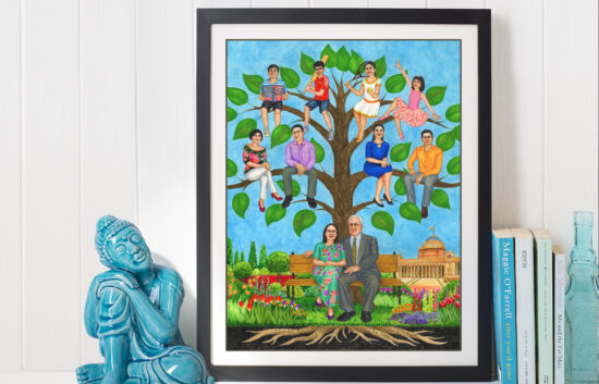 Family tree painting that celebrates the family's Indian Heritage. The scene is set in Mughal Gardens. The parents are depicted sitting on a bench in front of a tree. Their family members are painted seated on tree branches. The couple's ancestors' names are written on tree roots.