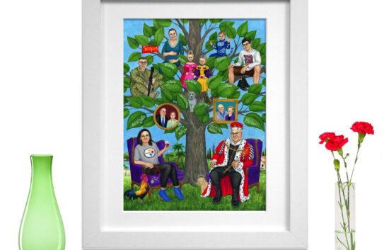 Fun hand-painted family tree featuring full-length portraits of everyone in the family. The couple is painted at the base of their family tree. Their children and grandchildren are painted sitting on tree branches.