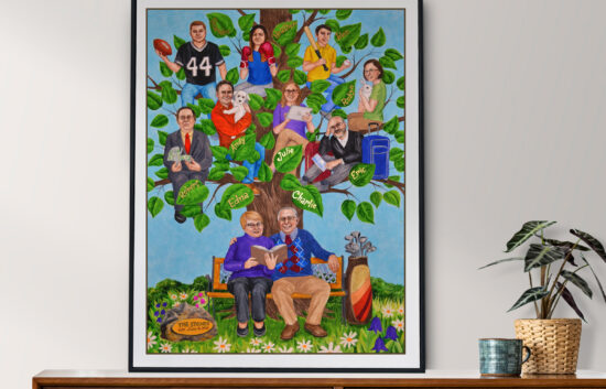 A vibrant family tree illustration depicts multiple family members on and around a tree, each engaged in various activities, such as holding a football, a dog, or a book. Names appear on green leaves, adding a personalized touch, while the base of the tree features a couple sitting on a bench with a book.