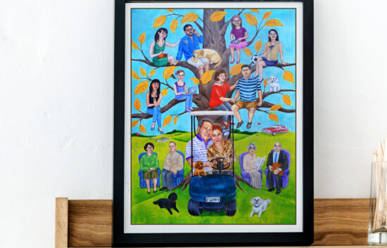 Personalized Family tree illustration painted for parents' anniversary. The painting is centered around the parents' hobby which is golf. The illustration depicts the parents in a golf cart and features a golf course in the background.