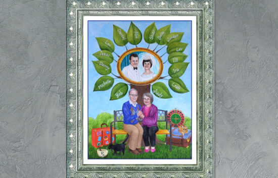 Custom family tree painting featuring a couple seated in front of their family tree with the names of their children and grandchildren written on leaves.