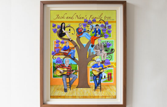 Family tree art with musical flair created for a couple who are musicians. The couple is depicted playing guitars on stage with a family tree portrayed as a theatrical decoration.