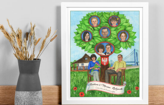 Custom family tree painting that pays a tribute to their Polish roots by including Polish coat of arms in the painting.