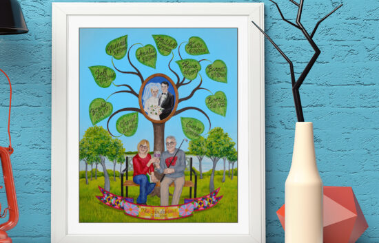 Customized family tree illustration depicting a couple toasting champagne sitting in front of their own family tree.