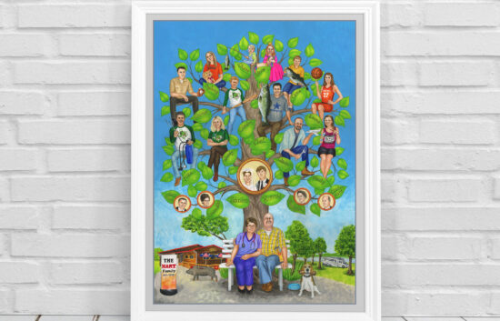 Custom family tree art hand-painted for a Texas couple. The painting features Texas landscape and the couple's family BBQ restaurant in the background. The couple is painted in front of their family tree with the rest of their family sitting on the tree branches. The couple's wedding photo is in the center of the tree with the framed portraits of their parents hanging on the sides.