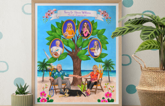 Beach scene featuring a couple sitting in beach chairs in front of their familiy tree with portraits of their 4 children hanging on the tree branches.