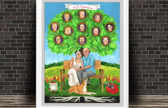 Custom family tree art featuring a couple sitting in front of their family tree with portraits of their family members hanging in frames on tree branches. The couple's parents names are written on tree roots.