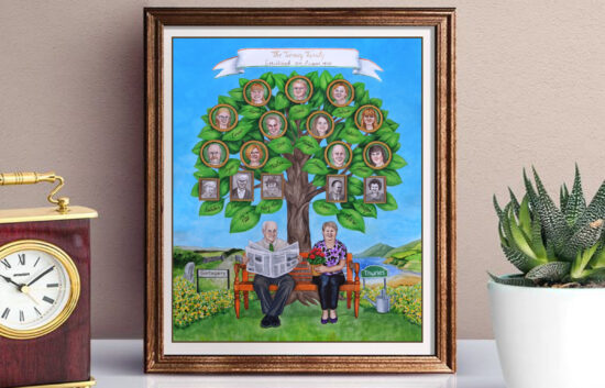 Irish heritage family tree painting created for a couple's 50th wedding anniversary. The painting is done in the colors of the Irish flag. The couple is depicted on an orange bench with lush green landscape behind them. Their parents, children, and grandchildren are painted as portraits in frames.